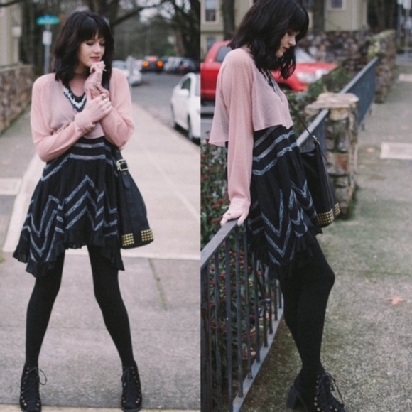 Free People Black & Gray Polka Dot & Lace Mini Swing Dress - Picture 10 of 14